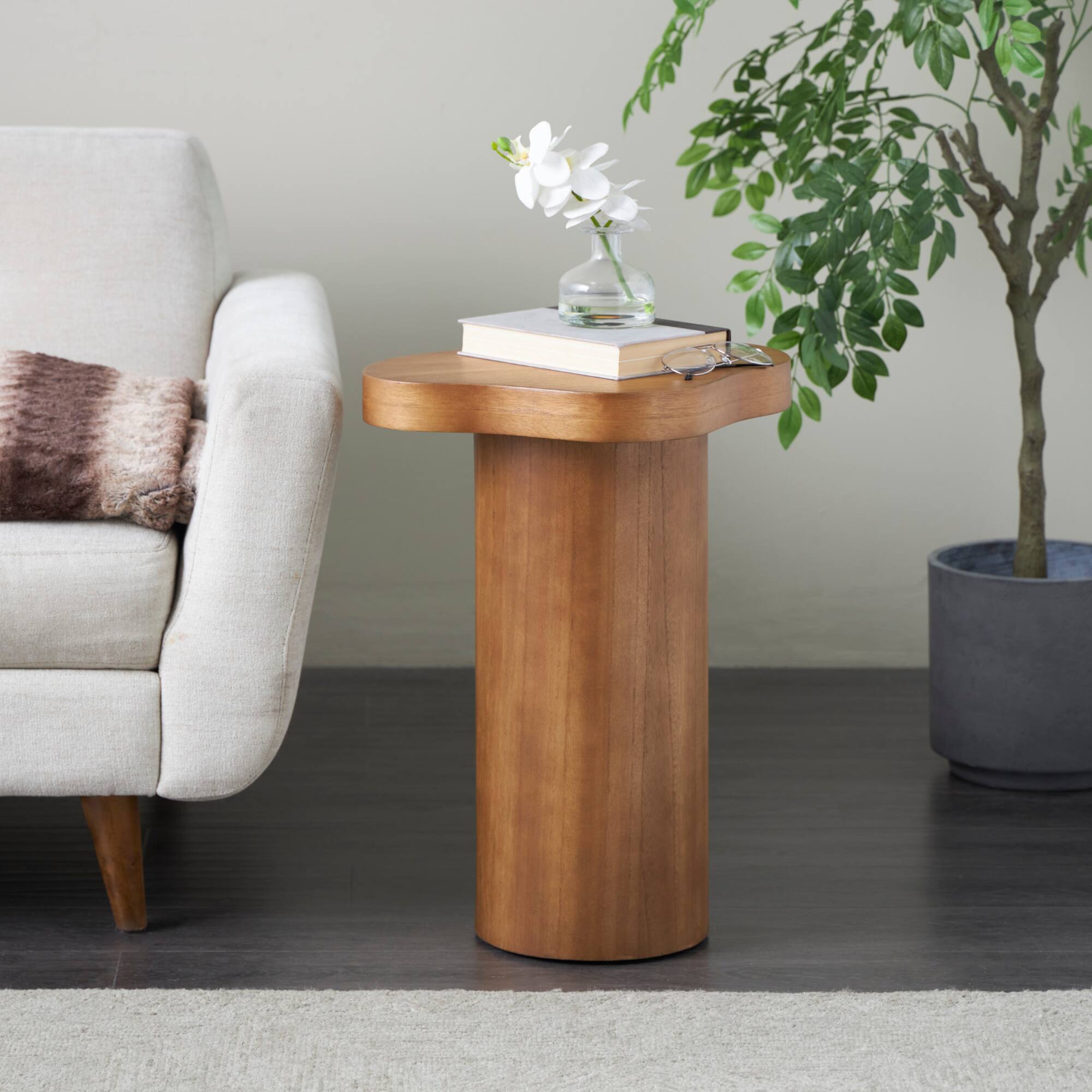 23" Brown Pedestal Side End Accent Table with Rounded Square Top